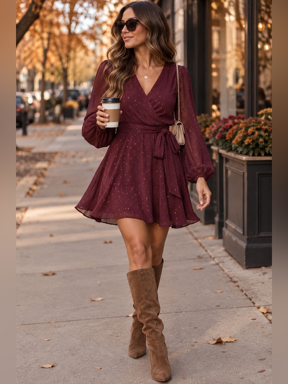 Express Plum Long-Sleeve Wrap Dress